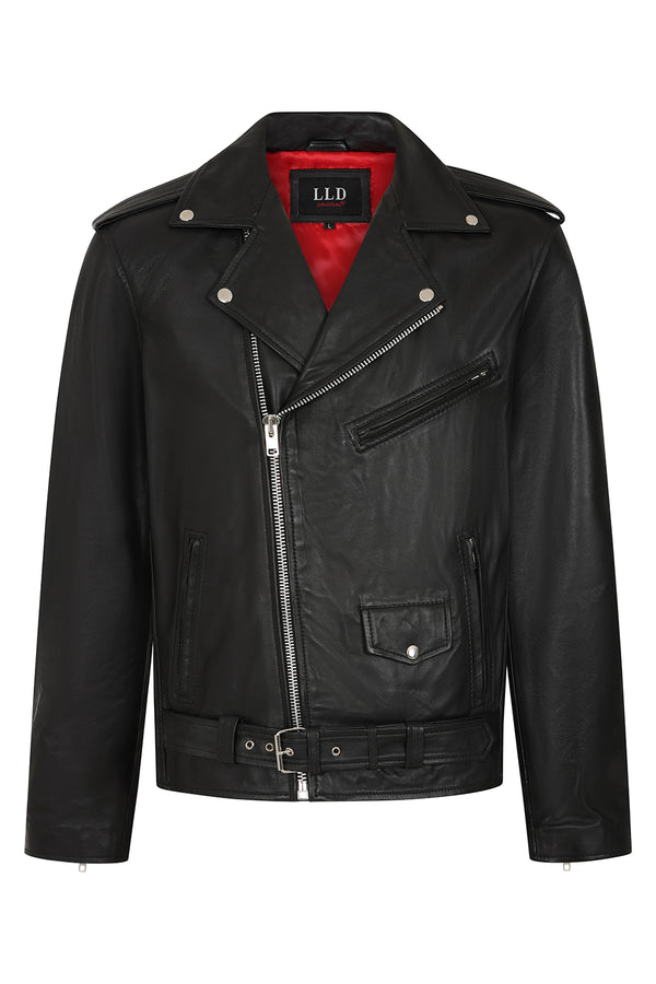 Men's black genuine Napa leather biker jacket with belt, LLD Original brand, available in sizes S to 4XL